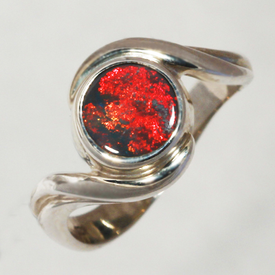 Stirling Silver ring with a SOLID BLACK OPAL Bright metallic fire red and copper red 